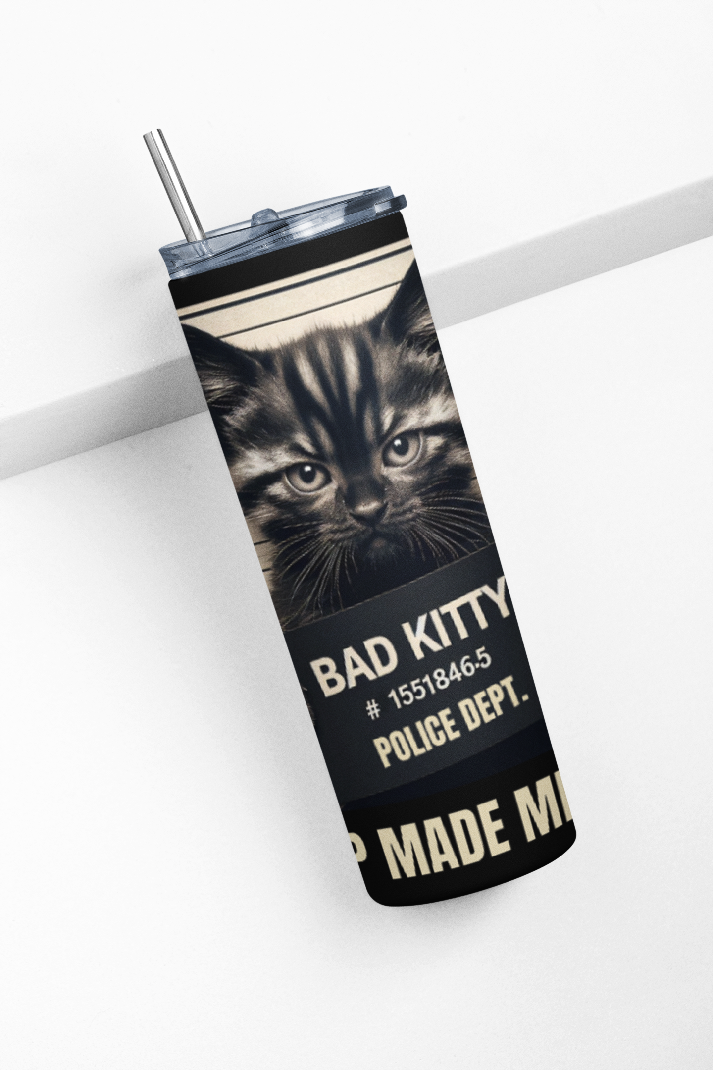 Bad Kitty 20 oz Stainless Steel Tumbler with Police Mugshot Design, Insulated Travel Cup with Lid and Straw