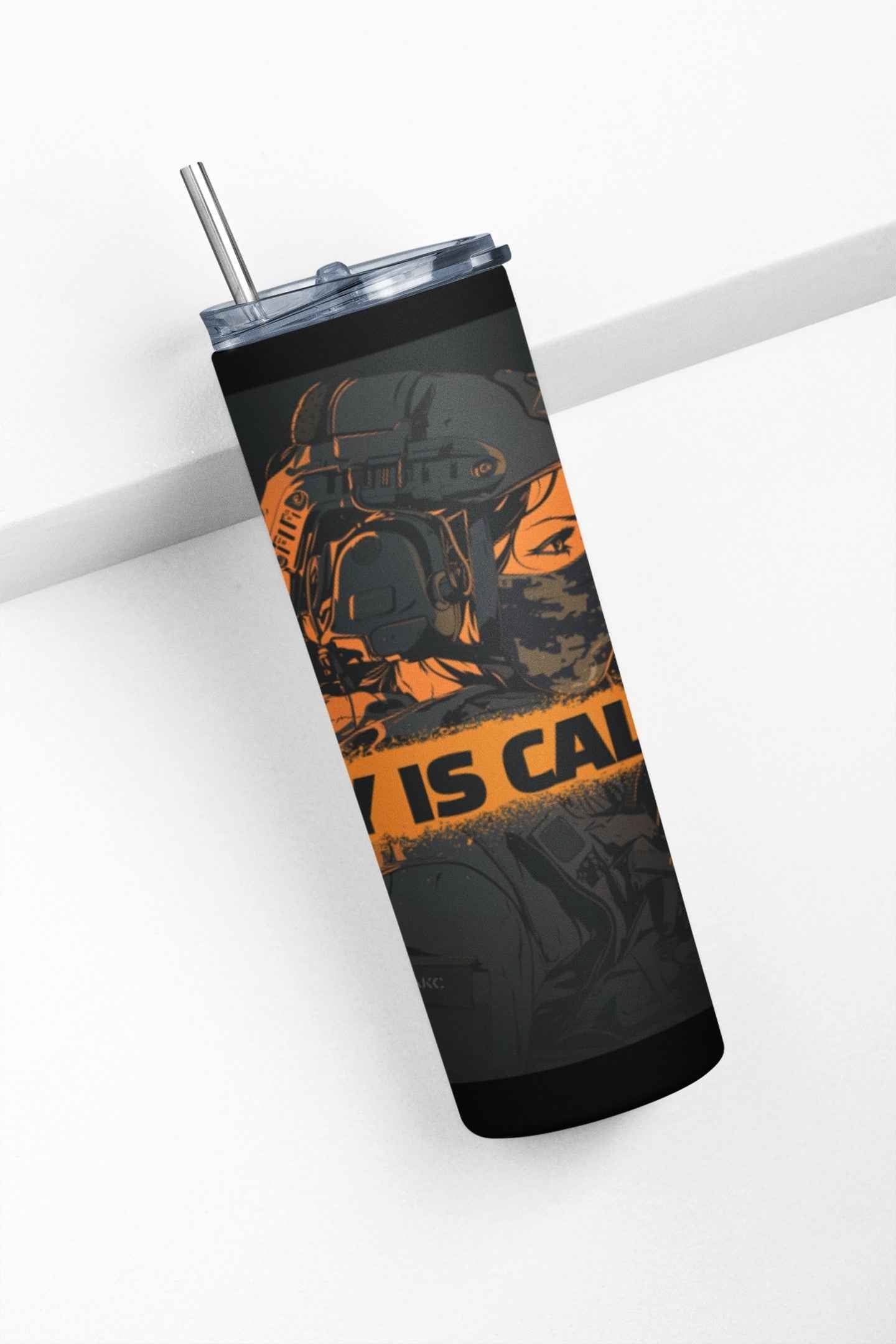 Passionate Tumbler with Straw, Military Design, Black and Orange Custom Graphics