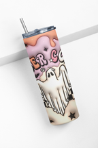 A slim stainless steel tumbler with a clear lid and metal straw, featuring a Halloween-themed graphic with the words 'SUPER COOL' in bubble letters, a white ghost, and burnt-edge styling. The tumbler is photographed at an angle against a clean white background.