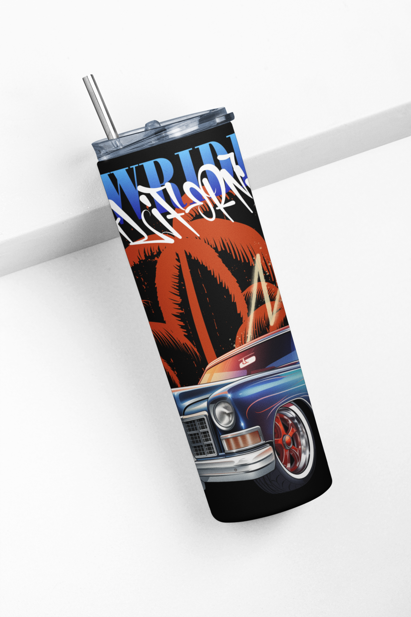 Tumbler with a car design and 'World's Best Mom' text on a white background