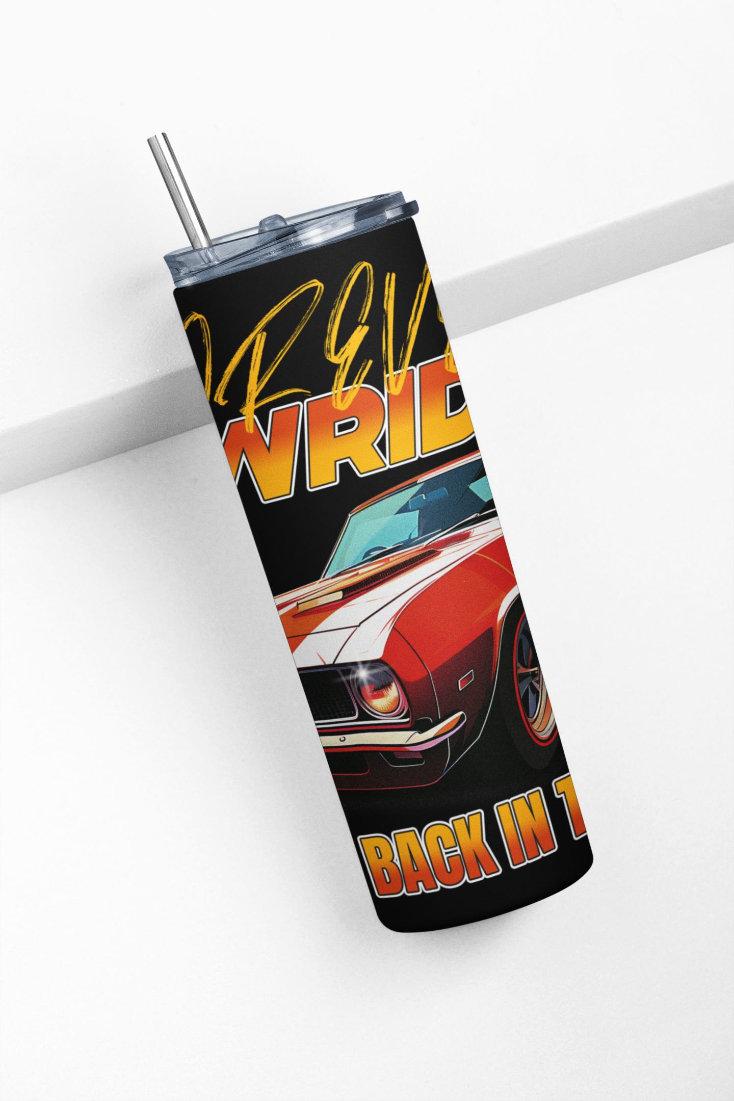 Tumbler with a car design and text on a white background