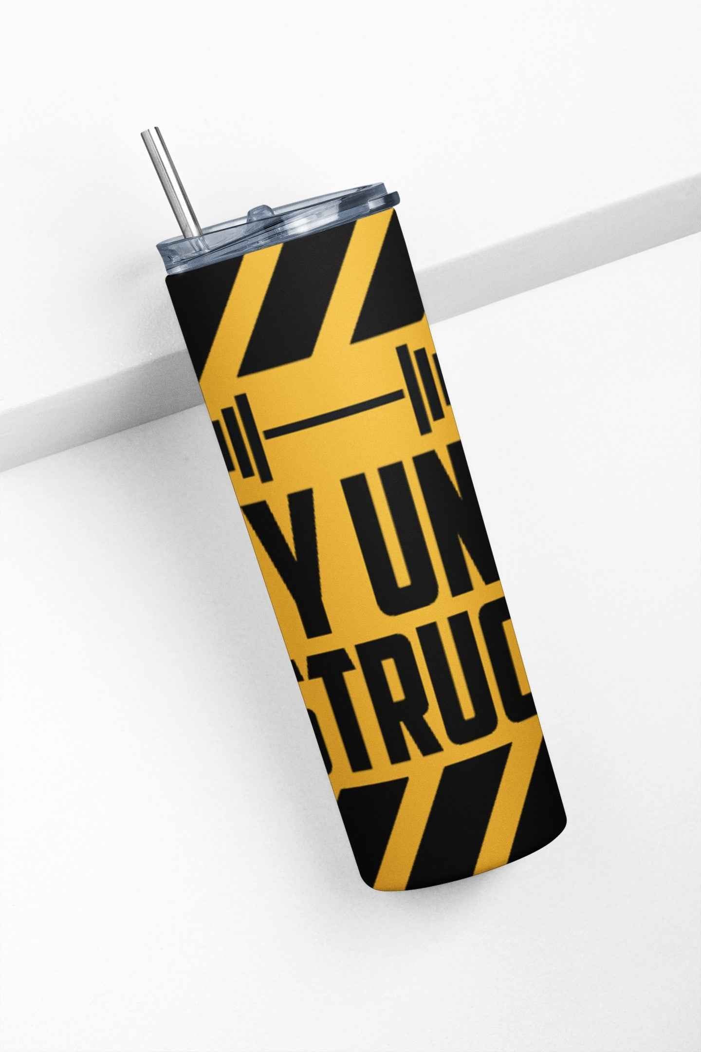 Stainless Steel Gym Motivation Tumbler with Straw, 20 oz Black and Yellow