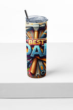 Tumbler with 'Best Dad' design featuring tools on a white background