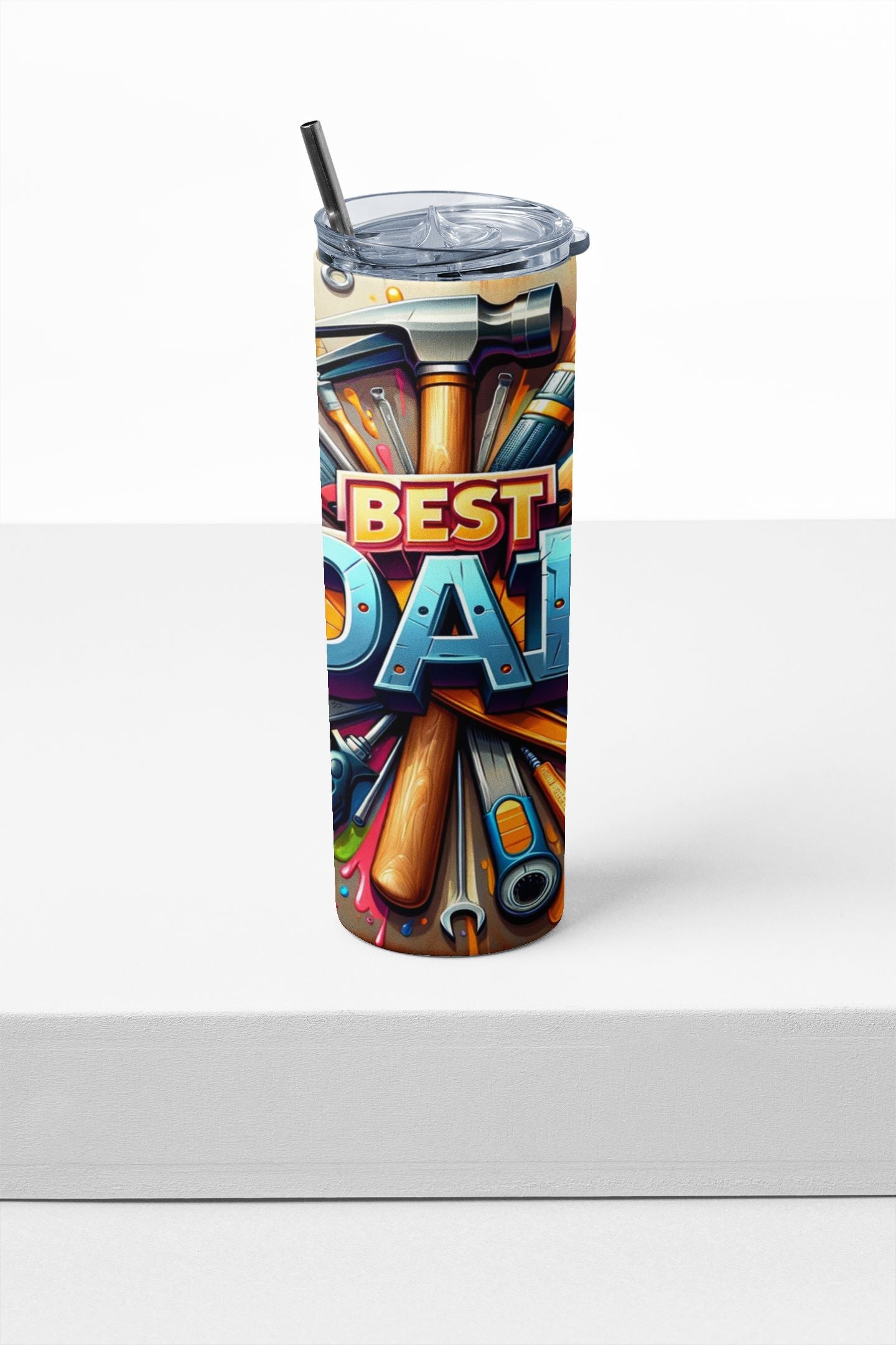 Tumbler with 'Best Dad' design featuring tools on a white background