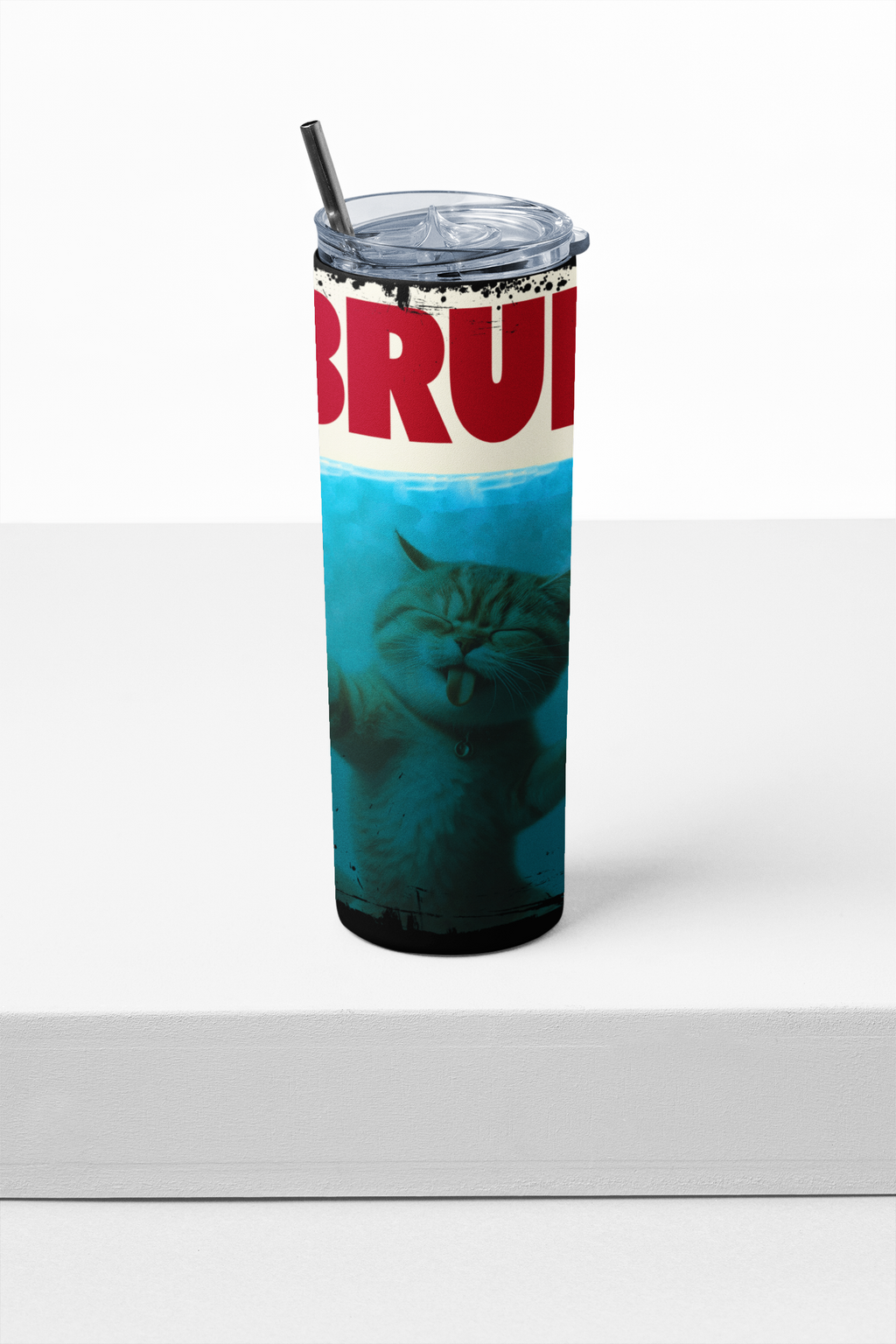 Tumbler with a cat design and 'BRUI' text on a white background