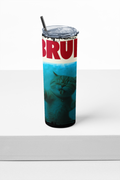 Tumbler with a cat design and 'BRUI' text on a white background