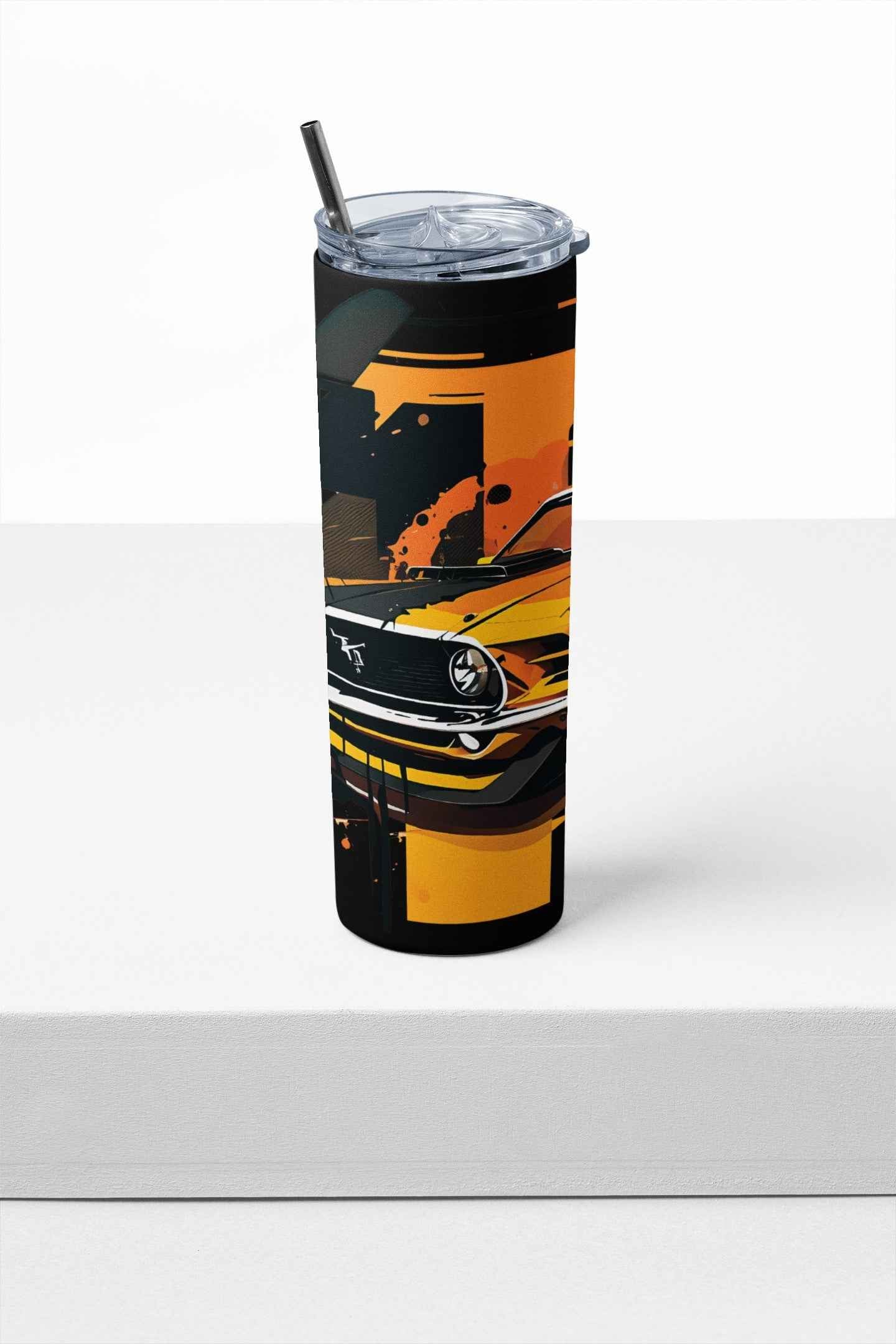 Classic Sport Car Stainless Steel Tumbler with Straw and Lid, 20 oz, Insulated Travel Cup with Vintage Muscle Car Design