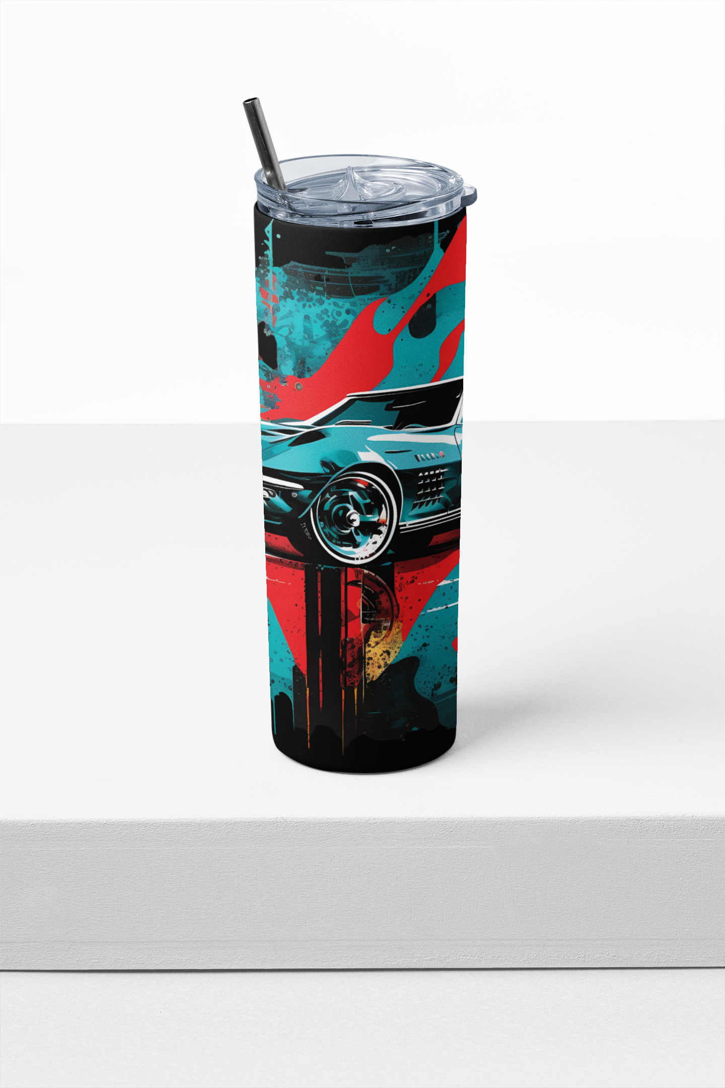 Tumbler with a colorful car design on a white background