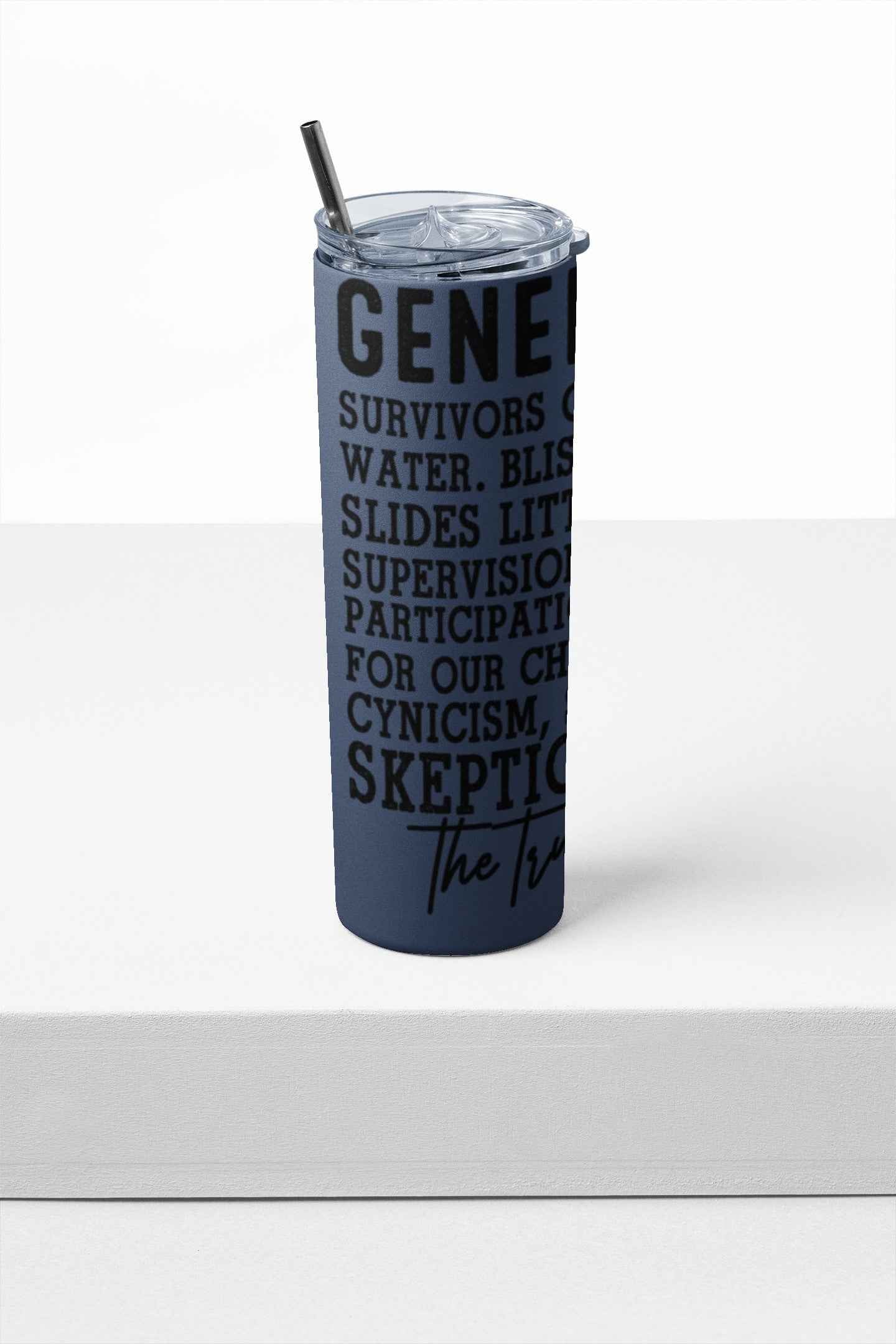 Generation X Stainless Steel Tumbler, 20 oz, Navy Blue with Text Design