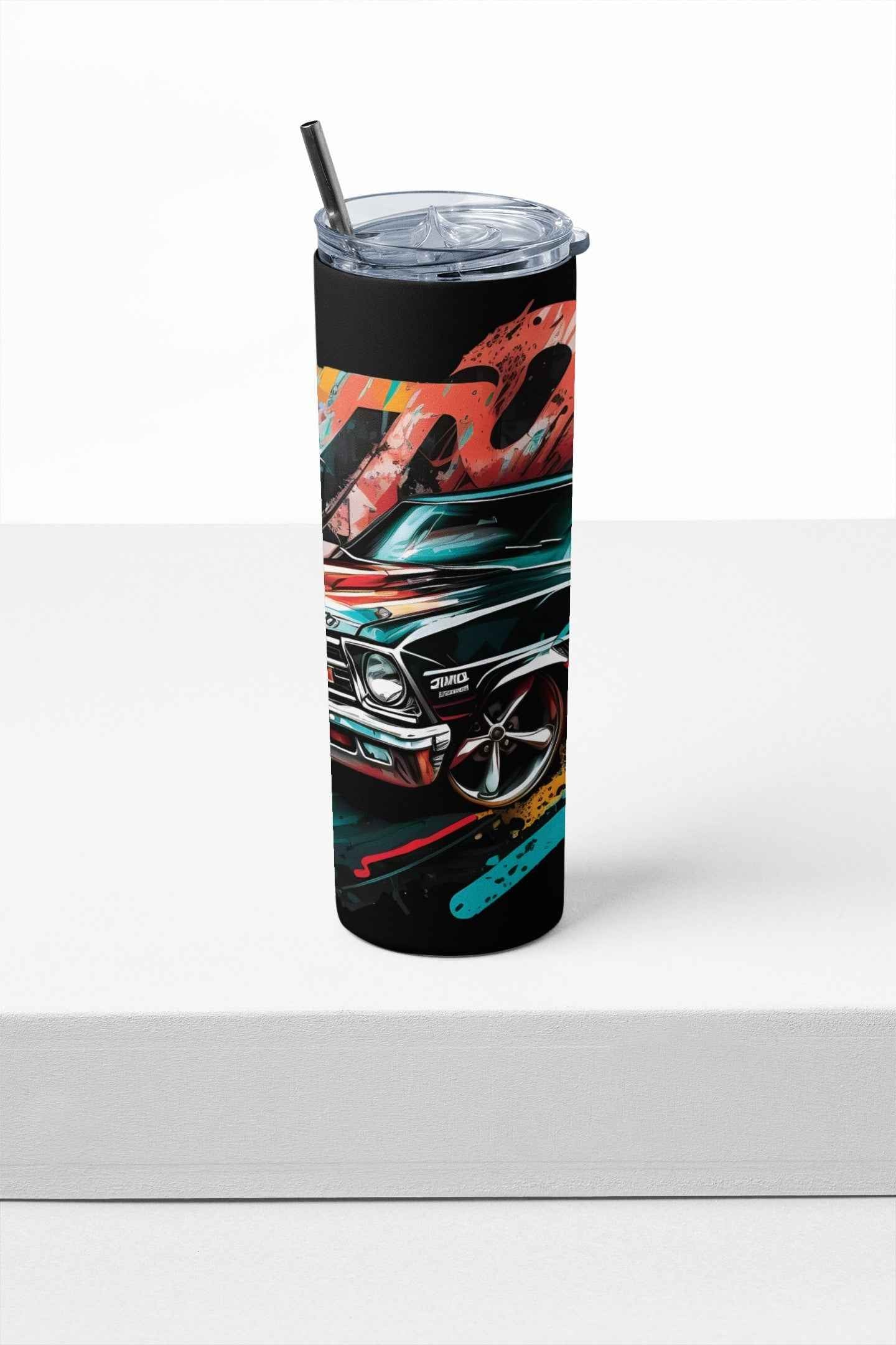 Classic Sport Car Stainless Steel Tumbler with Straw and Lid, 20 oz, Insulated Travel Cup with Vintage Muscle Car Design