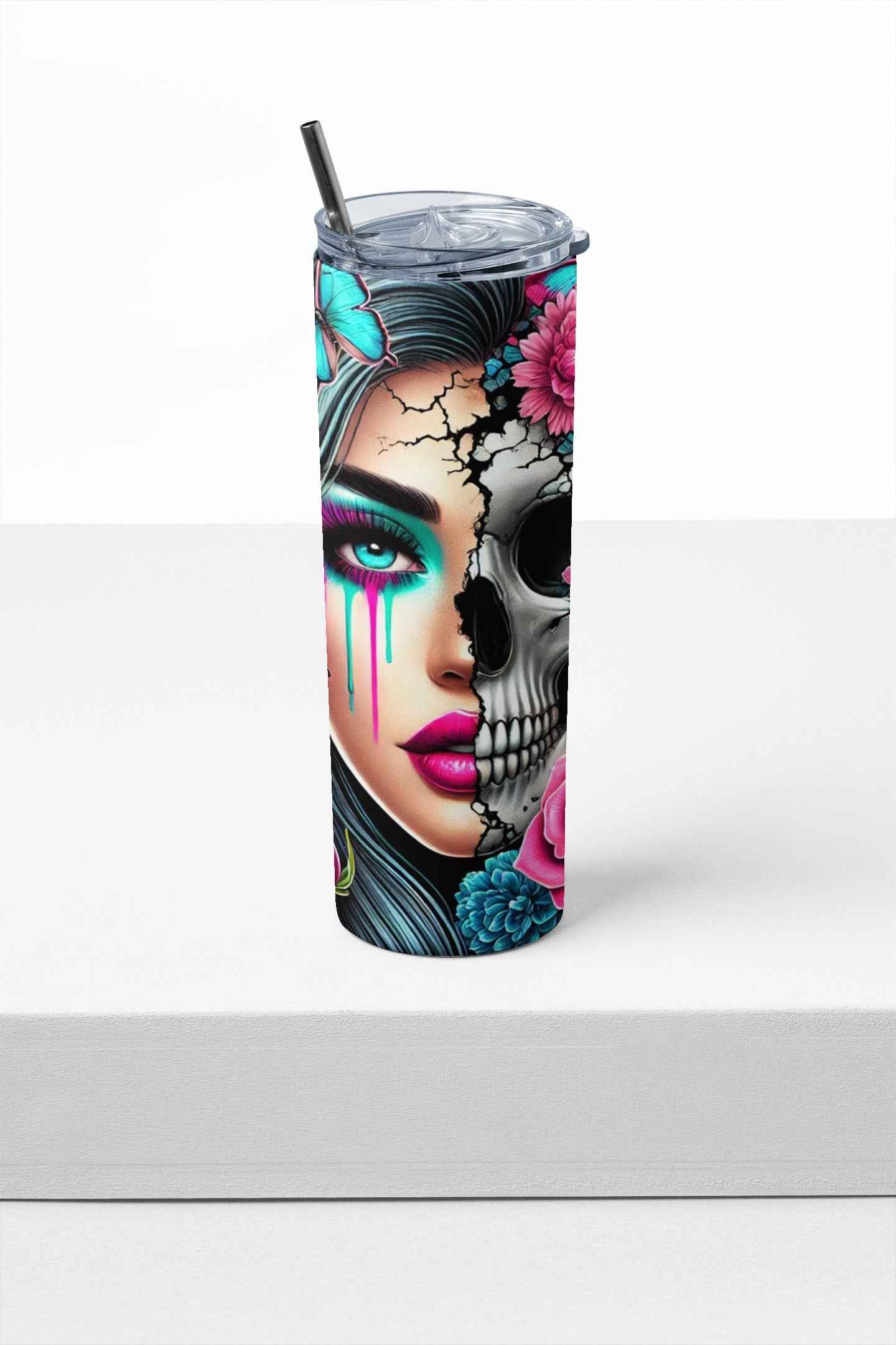 Sugar Skull Design Stainless Steel Tumbler, 20 oz, Turquoise Butterflies and Pink Roses