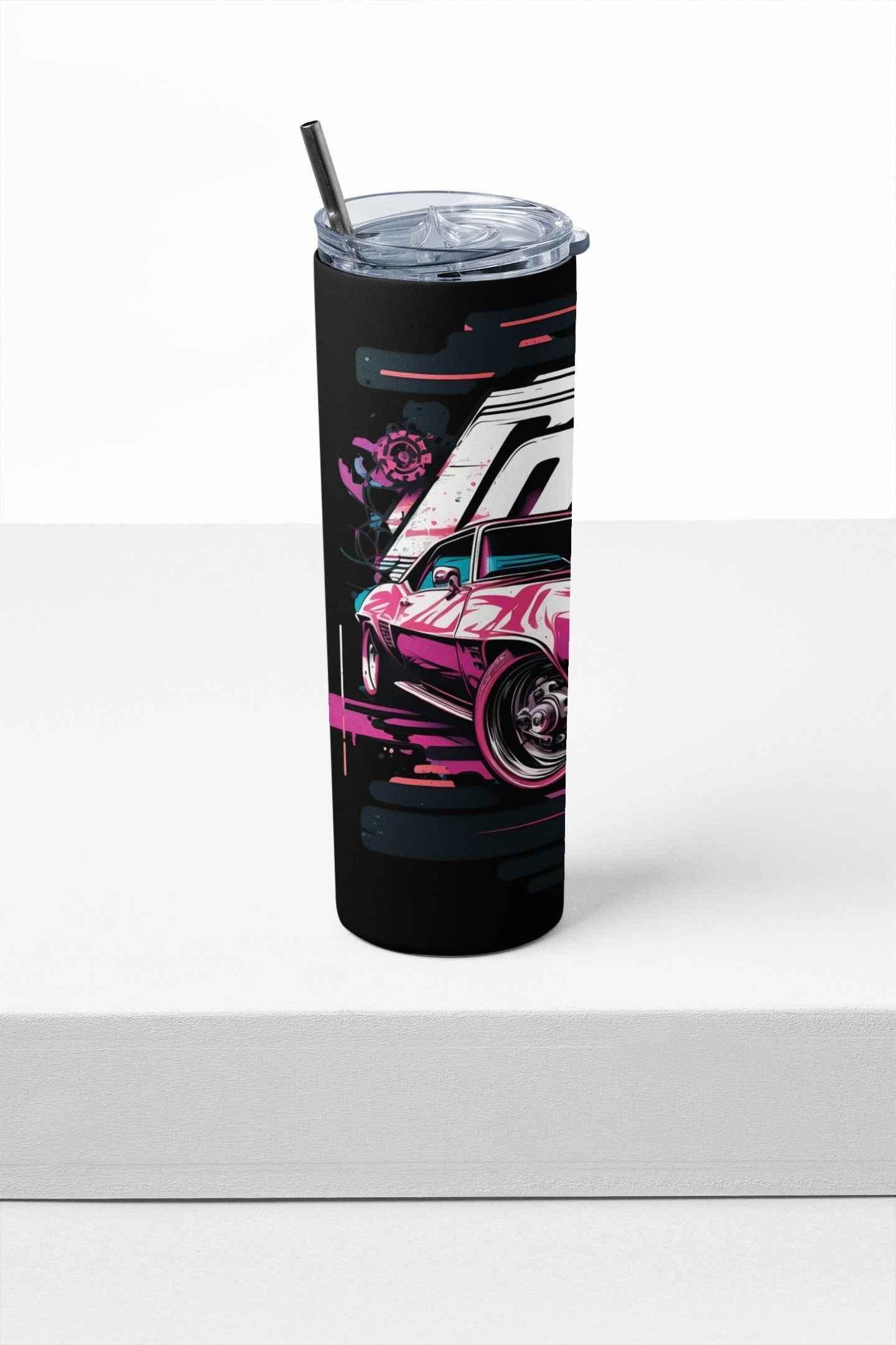 Classic Sport Car Stainless Steel Tumbler with Straw and Lid, 20 oz, Insulated Travel Cup with Vintage Muscle Car Design