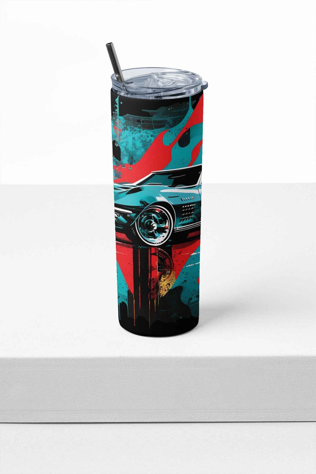 Classic Sport Car Stainless Steel Tumbler with Straw and Lid, 20 oz, Insulated Travel Cup with Vintage Muscle Car Design