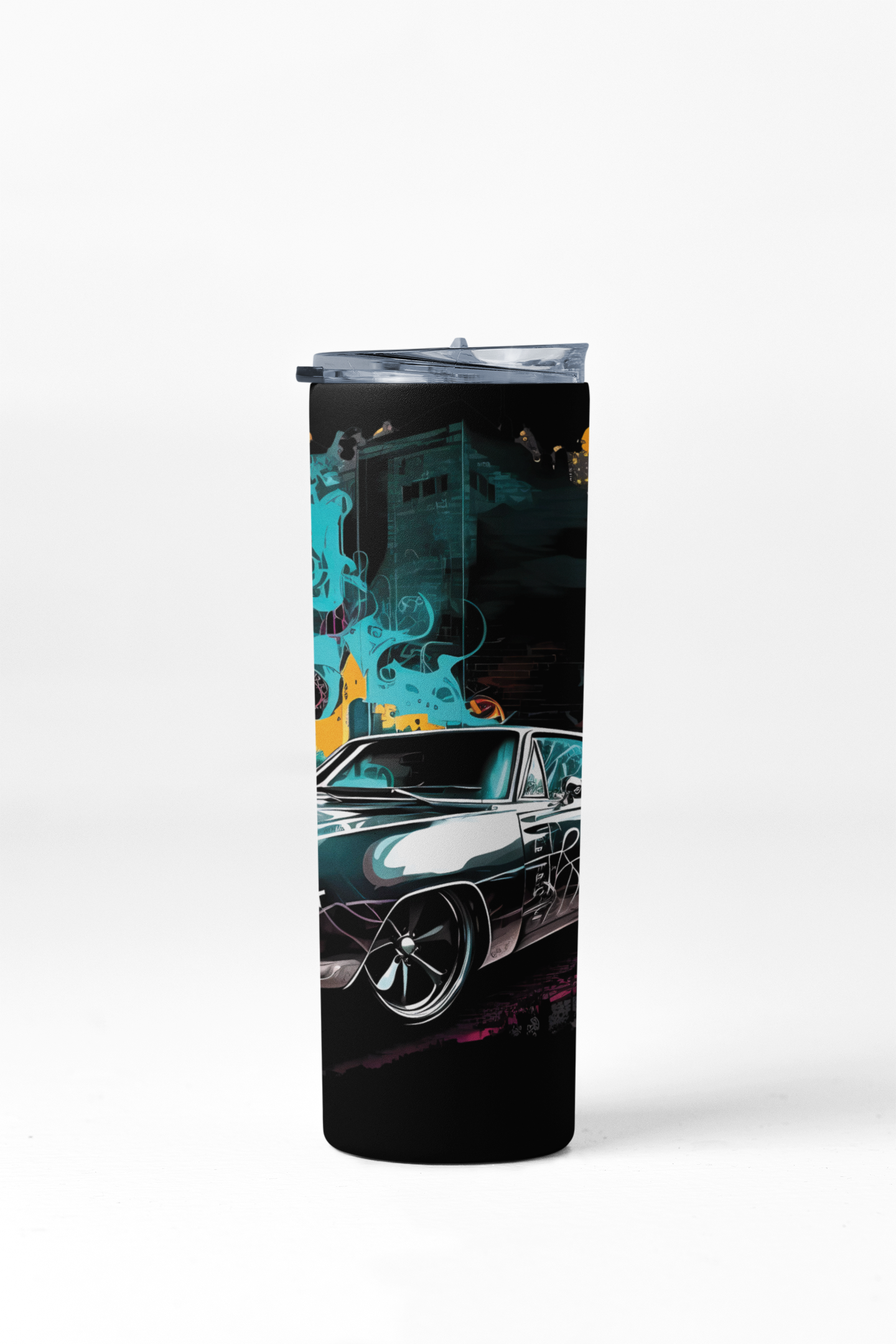 Tumbler with a design of a classic car on a city street at night.