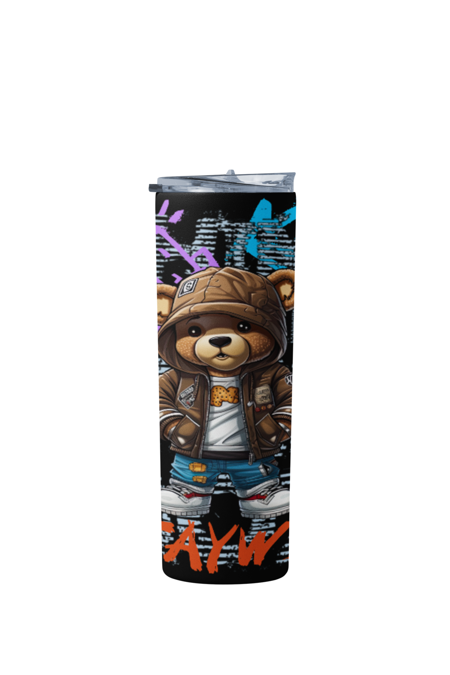 Custom Design Stylish Bear Tumbler, 20oz Stainless Steel Cup with Straw, Graffiti Art Design