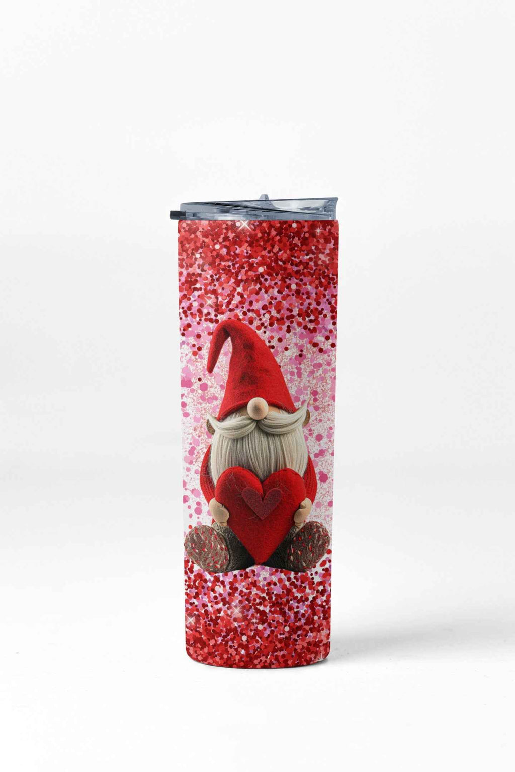 Valentine Gnome Stainless Steel Tumbler with Straw, Red Design, 20 oz Insulated Travel Cup