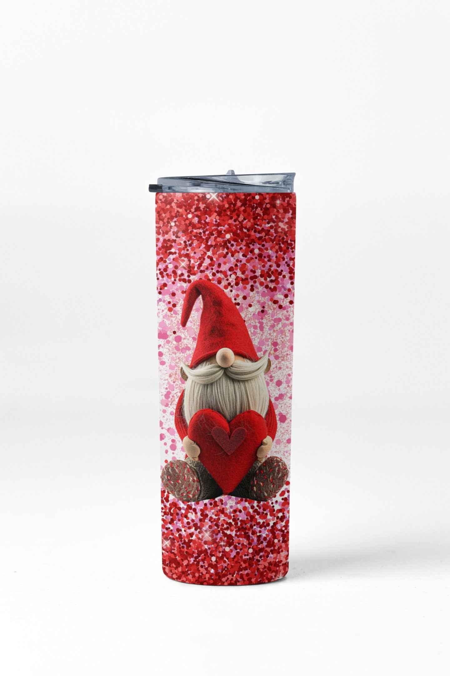 Valentine Gnome Stainless Steel Tumbler with Straw, Red Design, 20 oz Insulated Travel Cup