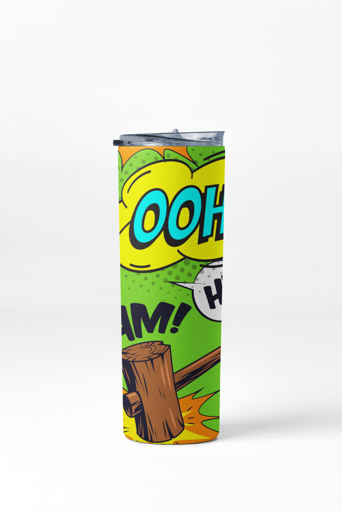 Colorful tumbler with comic-style design on a white background