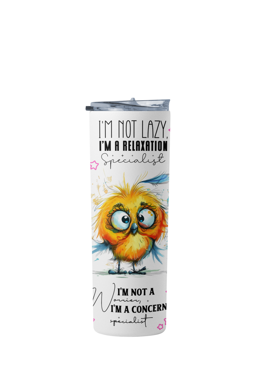 Tumbler with an owl design and humorous text on a white background