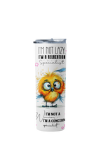 Tumbler with an owl design and humorous text on a white background