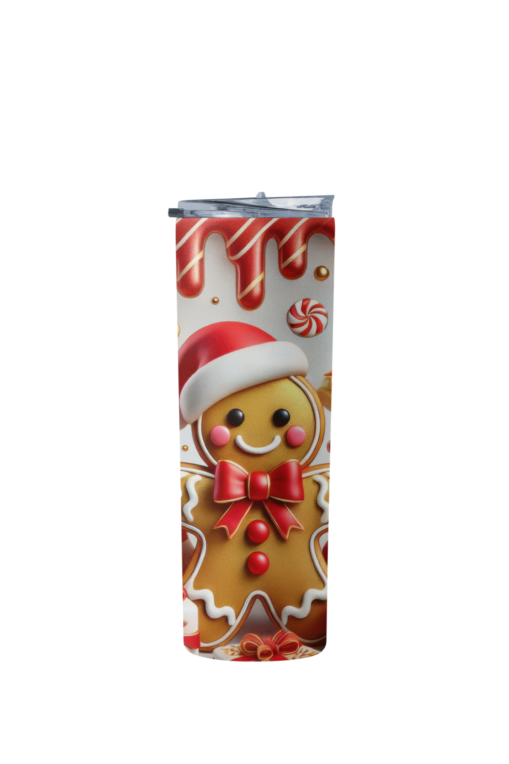 A tall, slim insulated tumbler with a festive Christmas gingerbread design, featuring a smiling gingerbread man wearing a Santa hat and red bow, with red candy canes and white icing drips on a white background.