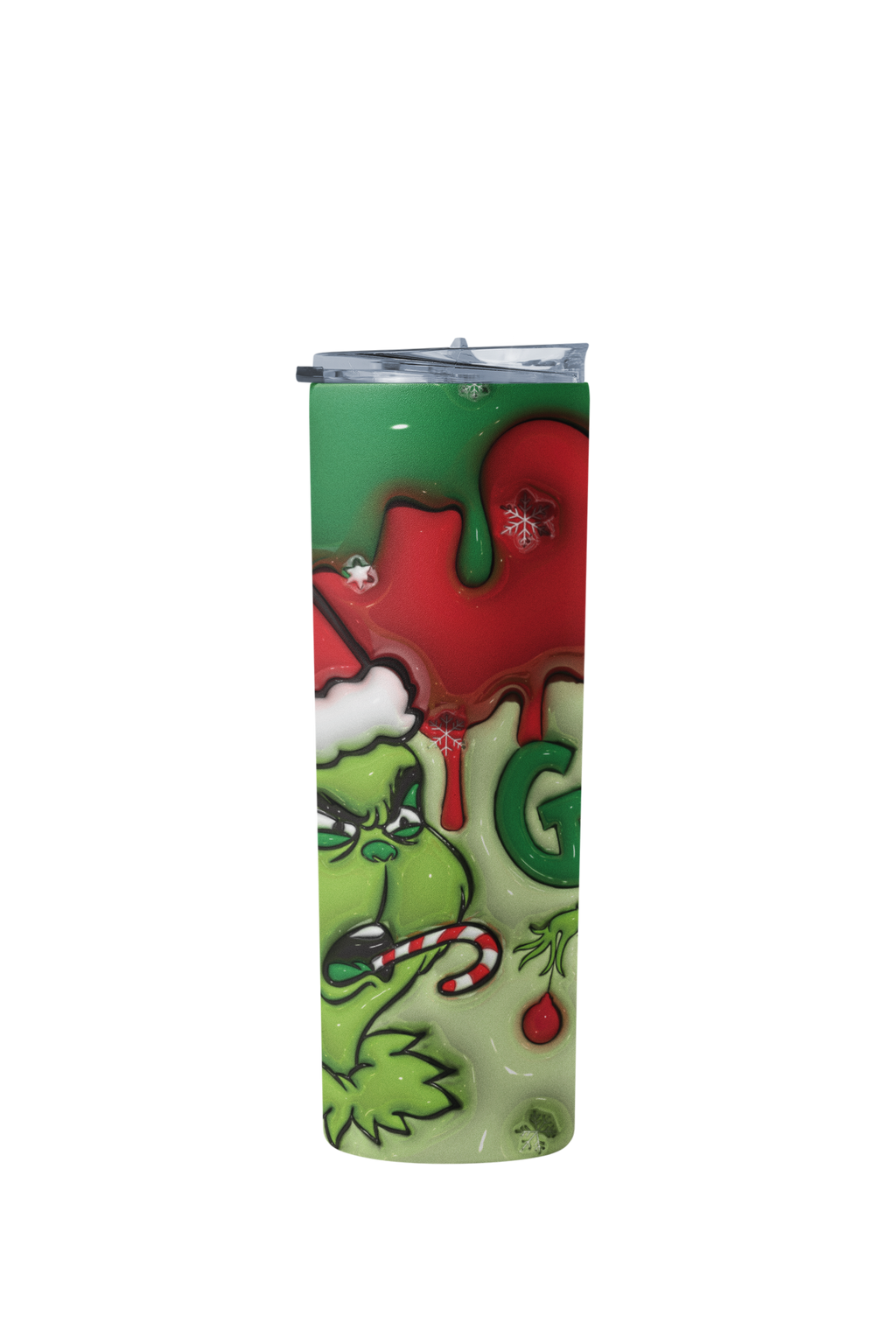 A tall, slim tumbler with a clear lid, featuring a Grinch-themed Christmas design with green, red, and white colors.