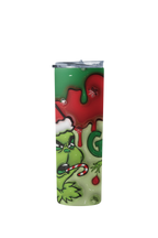 A tall, slim tumbler with a clear lid, featuring a Grinch-themed Christmas design with green, red, and white colors.