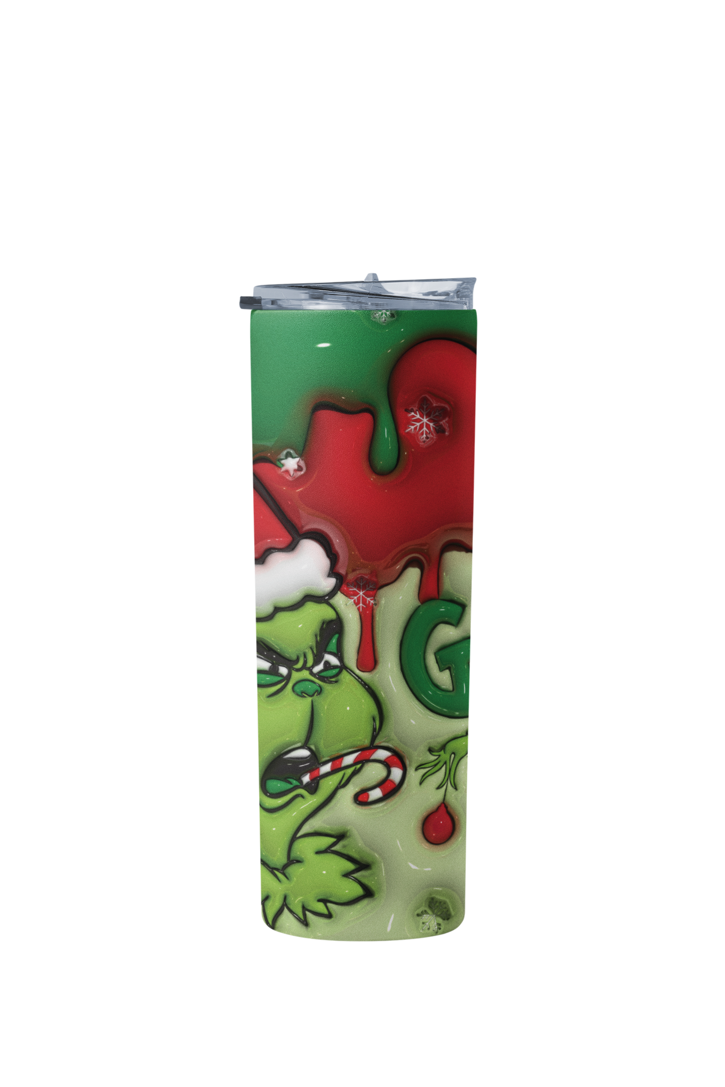 A tall, slim tumbler with a clear lid, featuring a Grinch-themed Christmas design with green, red, and white colors.