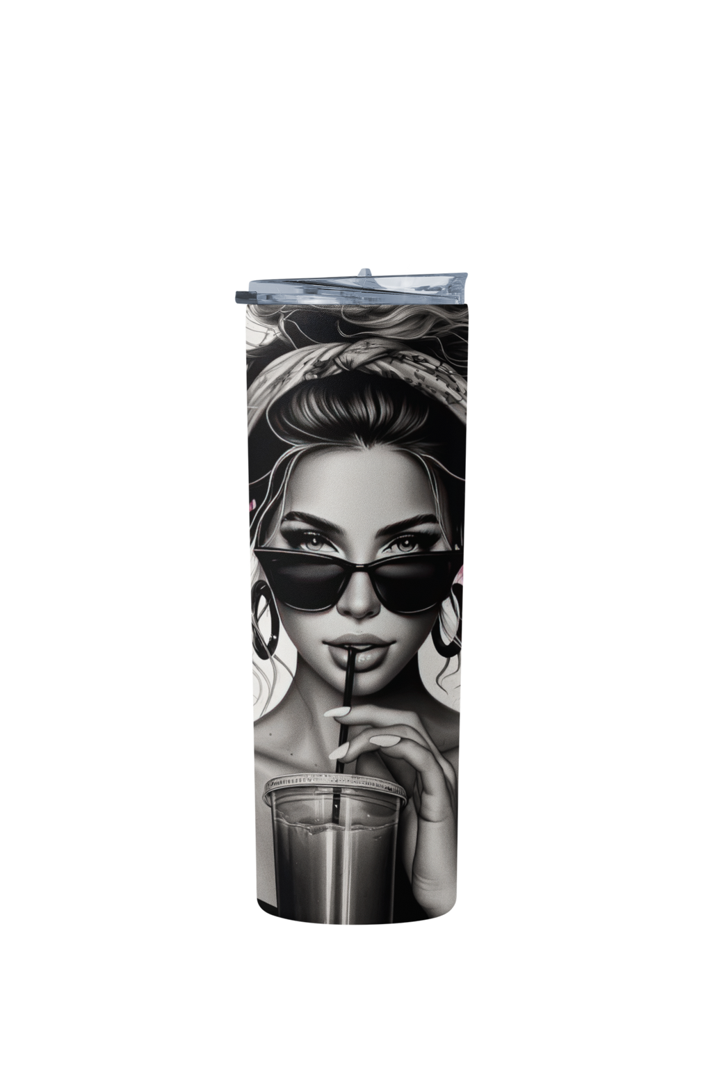Tumbler with a design of a woman wearing sunglasses and holding a drink on a white background
