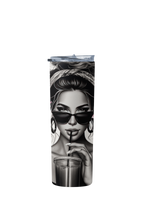 Tumbler with a design of a woman wearing sunglasses and holding a drink on a white background