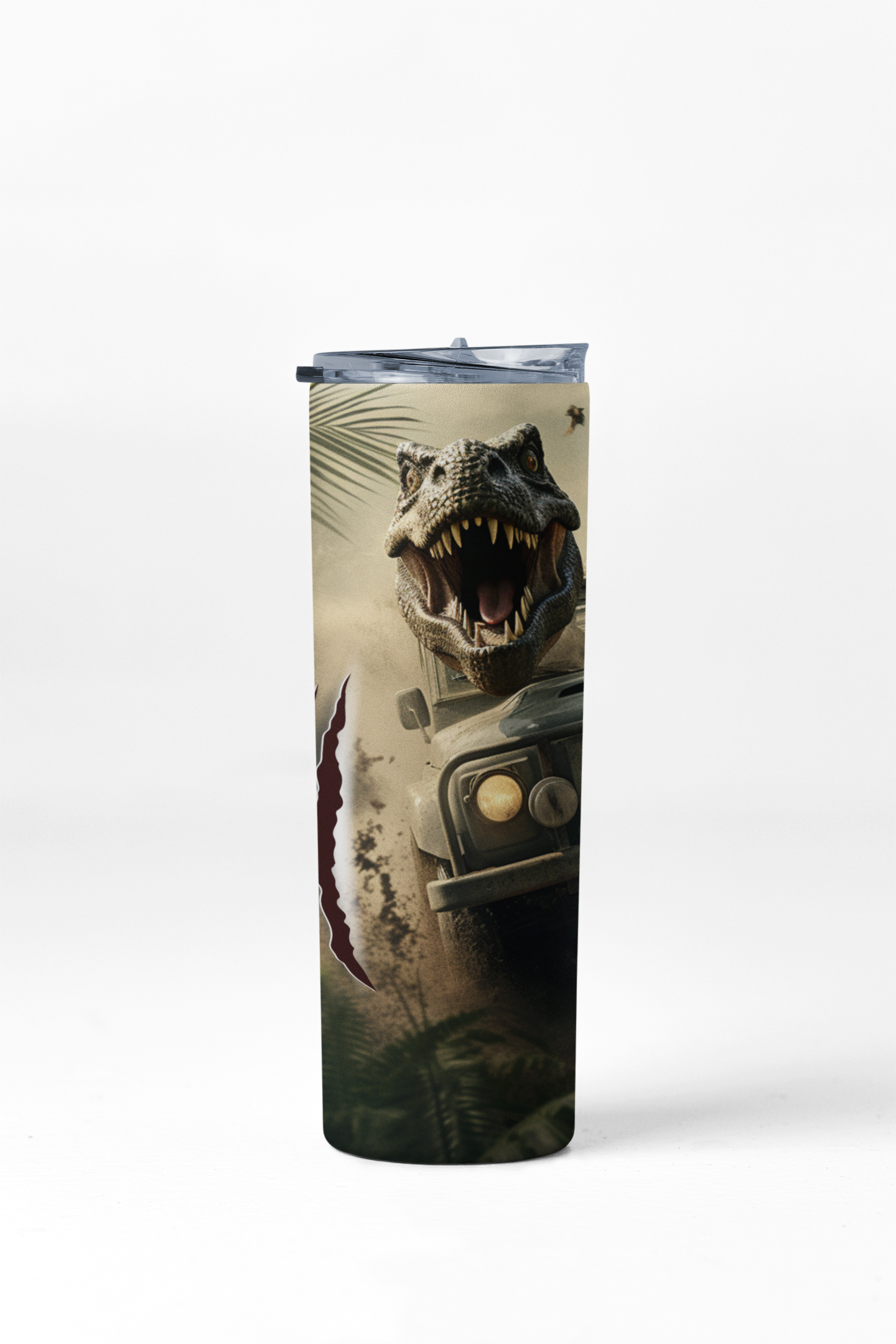 Tumbler with a dinosaur design on a white background
