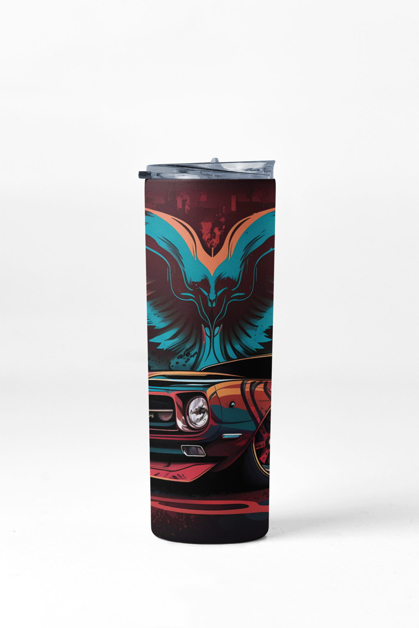 Tumbler with car design and blue emblem on a white background