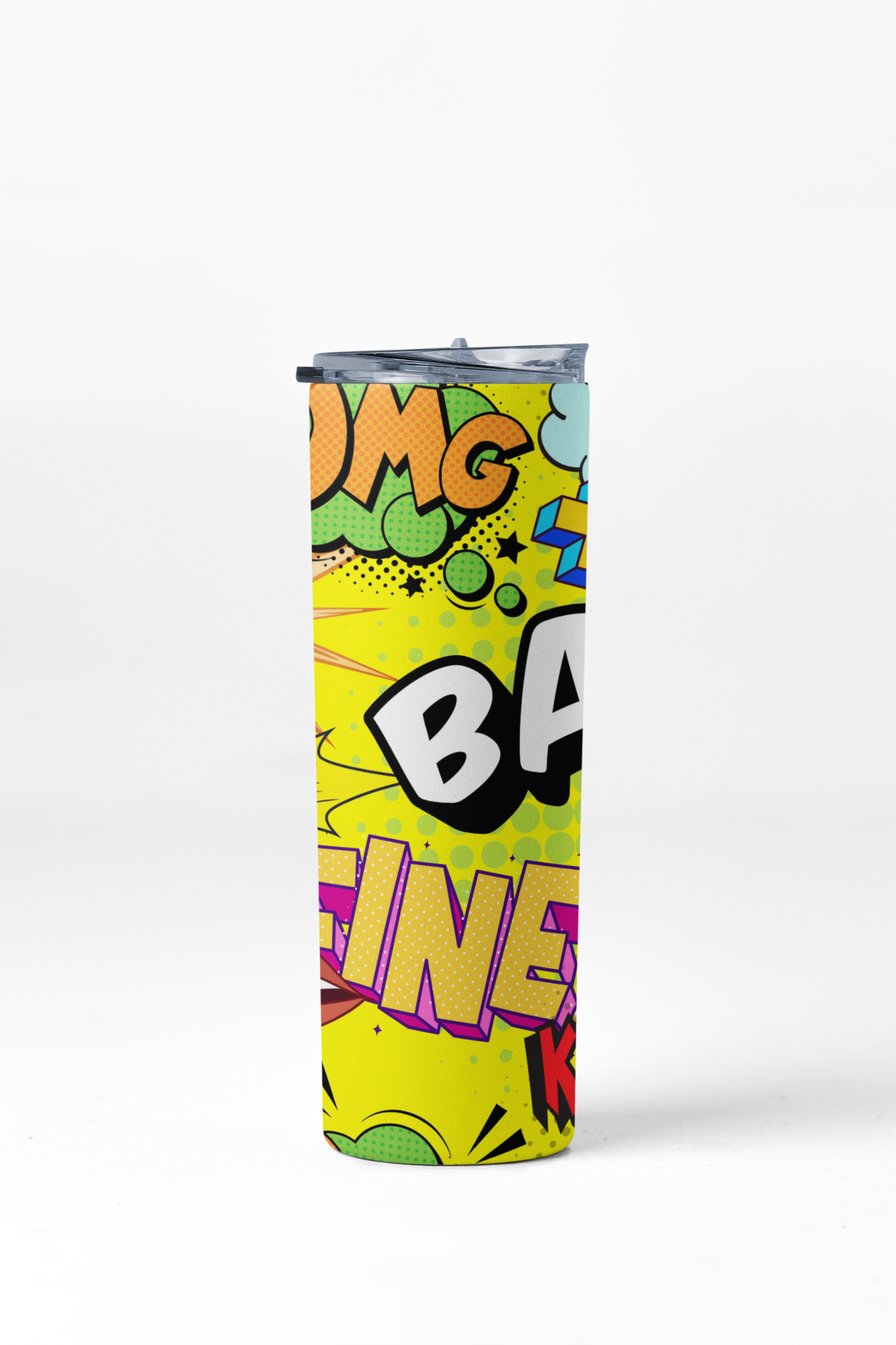 Colorful tumbler with comic book-style text and graphics on a white background