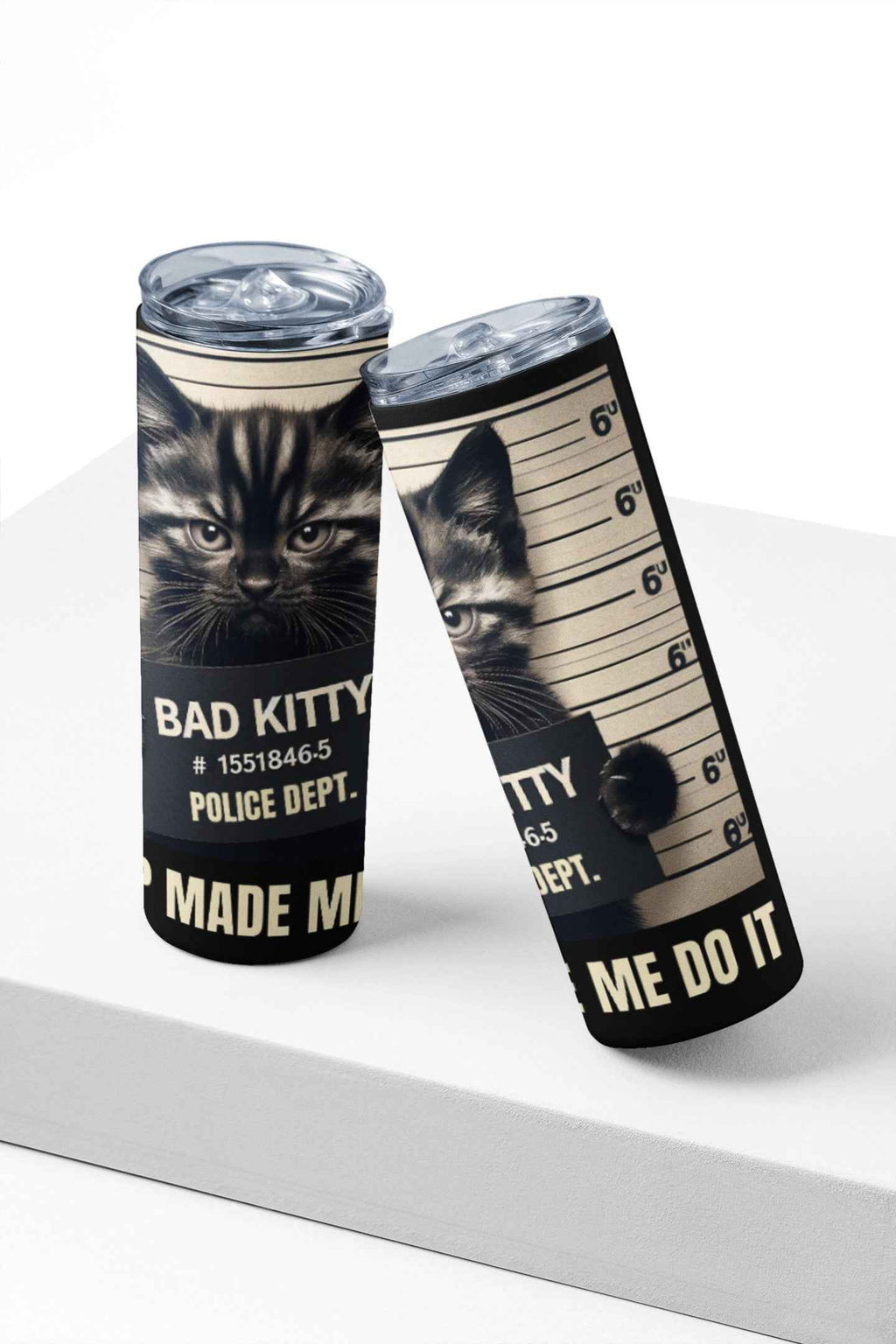 Bad Kitty Stainless Steel Tumbler 20 oz Police Mugshot Design, Insulated Travel Cup with Lid and Straw