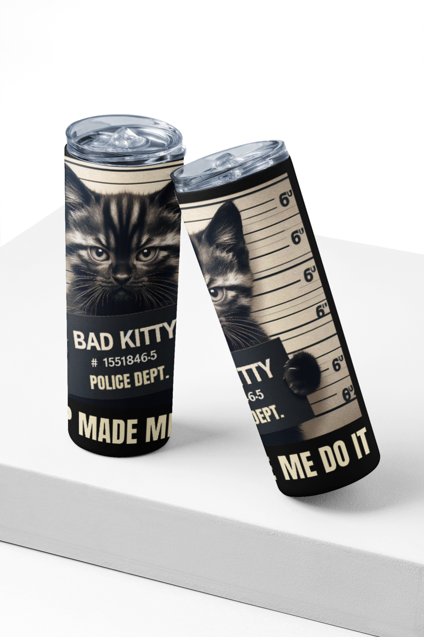 Bad Kitty 20 oz Stainless Steel Tumbler with Police Mugshot Design, Insulated Travel Cup with Lid and Straw