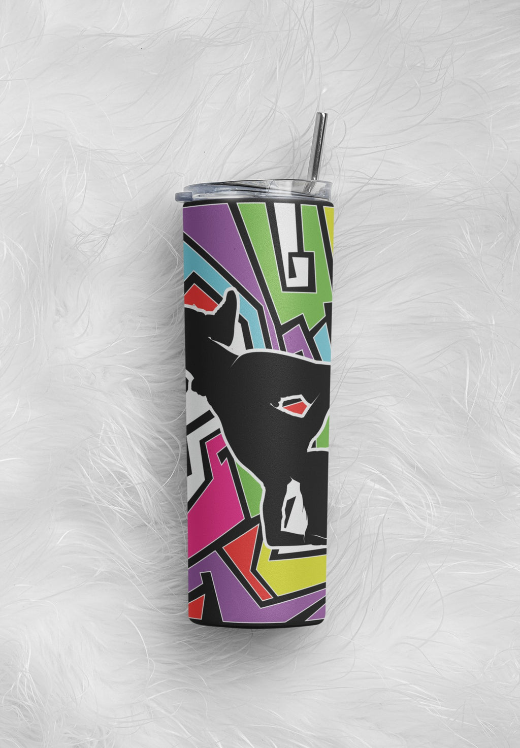 Tumbler with colorful abstract design on a white background