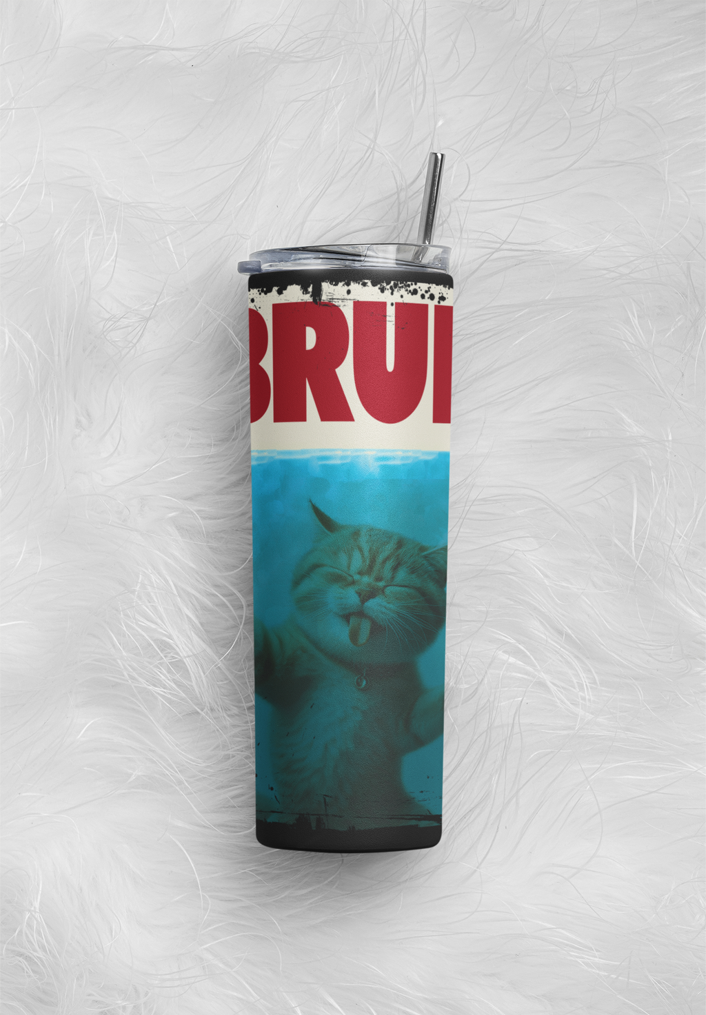 Tumbler with a cat design and 'BRU' text on a textured white background