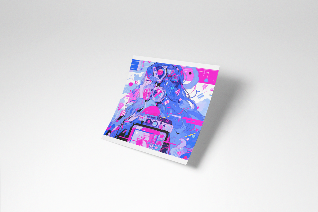 Colorful album cover with a stylized illustration on a white background