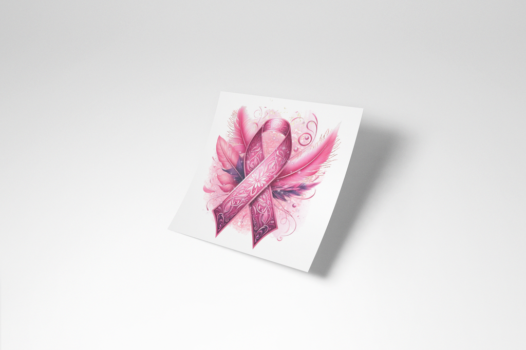 Pink ribbon with floral design on a white card