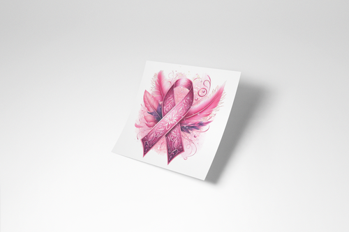 Pink ribbon with floral design on a white card