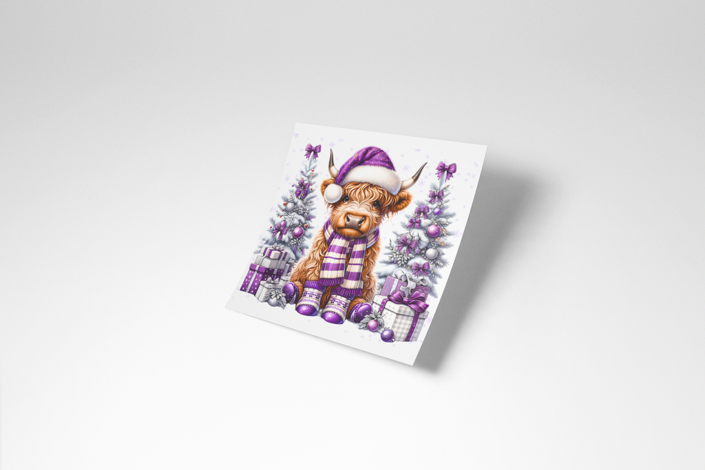 Greeting card with a highland cow in a purple outfit and hat among Christmas trees and presents on a white background.