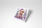 Greeting card with a highland cow in a purple outfit and hat among Christmas trees and presents on a white background.