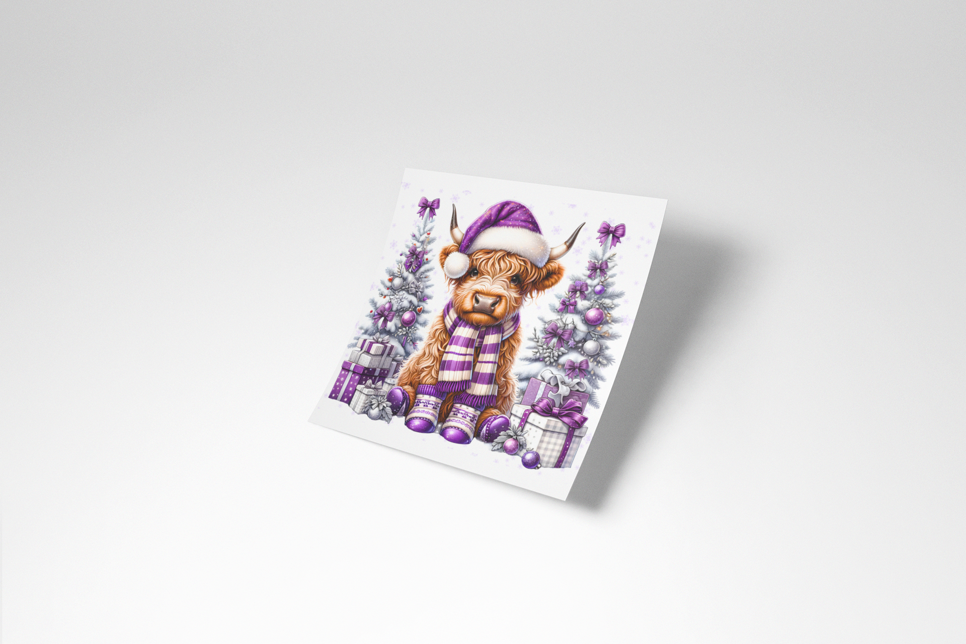 Greeting card with a highland cow in a purple outfit and hat among Christmas trees and presents on a white background.
