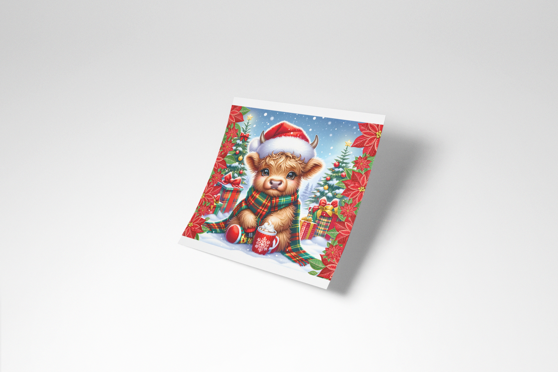 Christmas-themed greeting card with a bear wearing a Santa hat on a white background