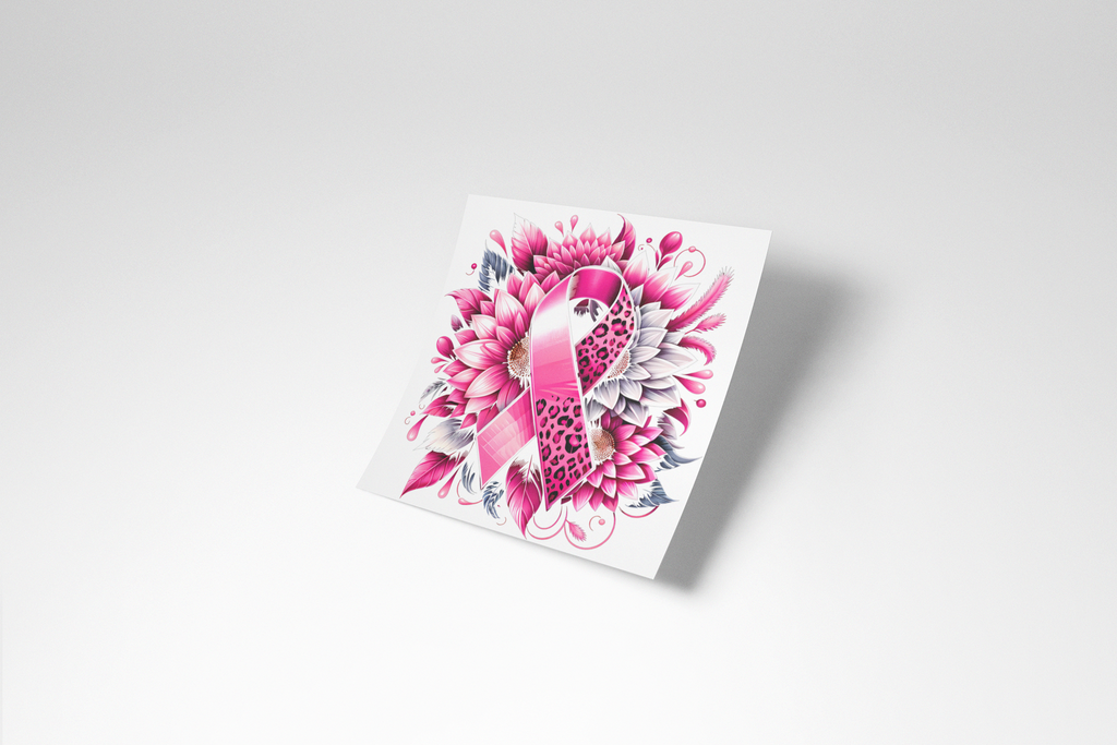 Card with a pink ribbon and floral design on a white background
