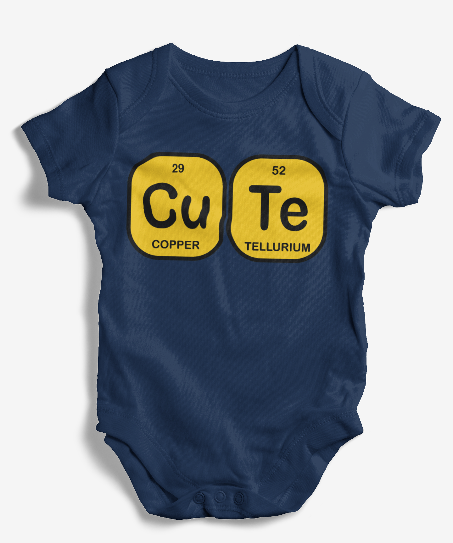 Navy blue baby onesie with 'Cu Te' design on a white background