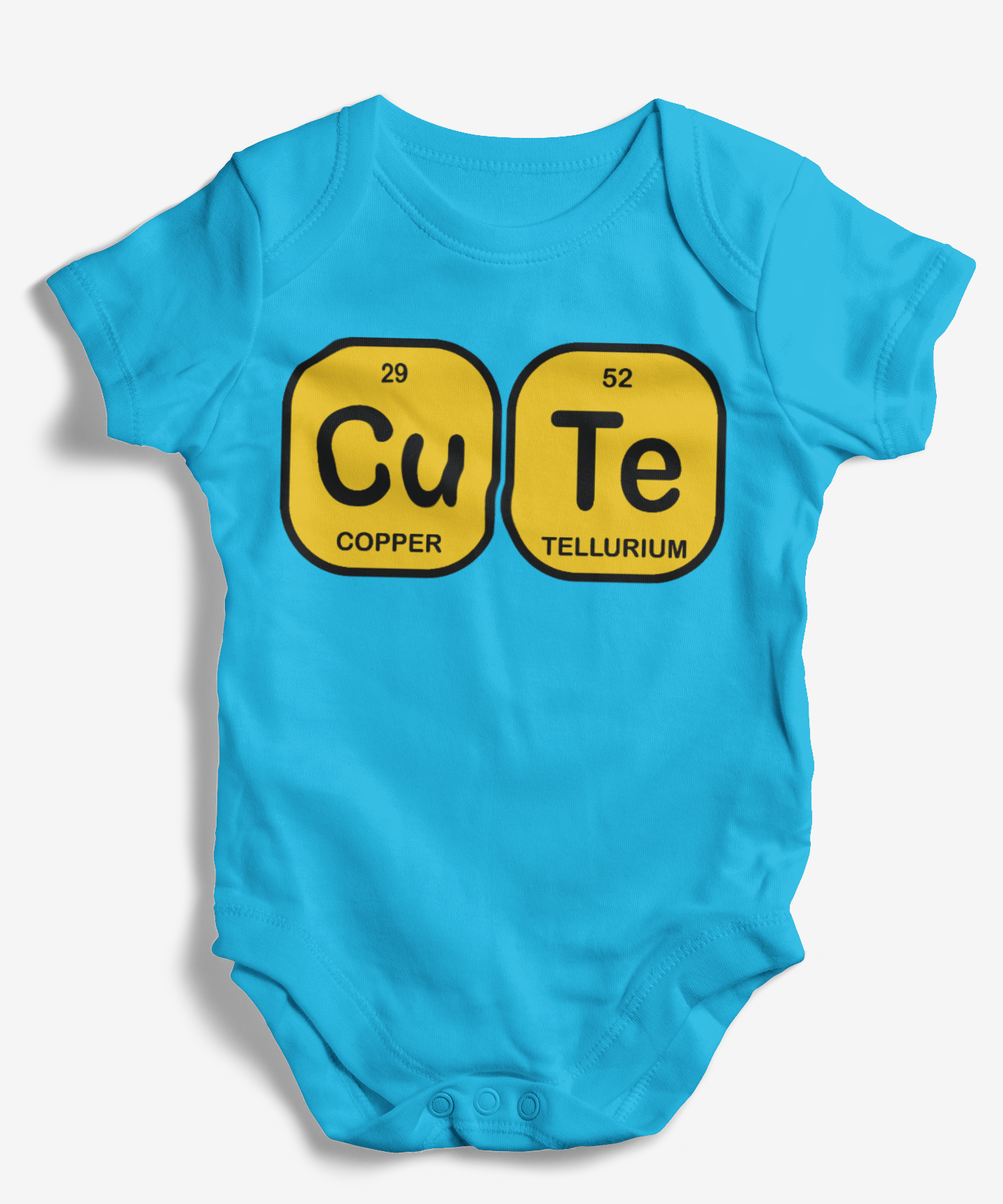 Blue baby onesie with 'Cu Te' design on a white background