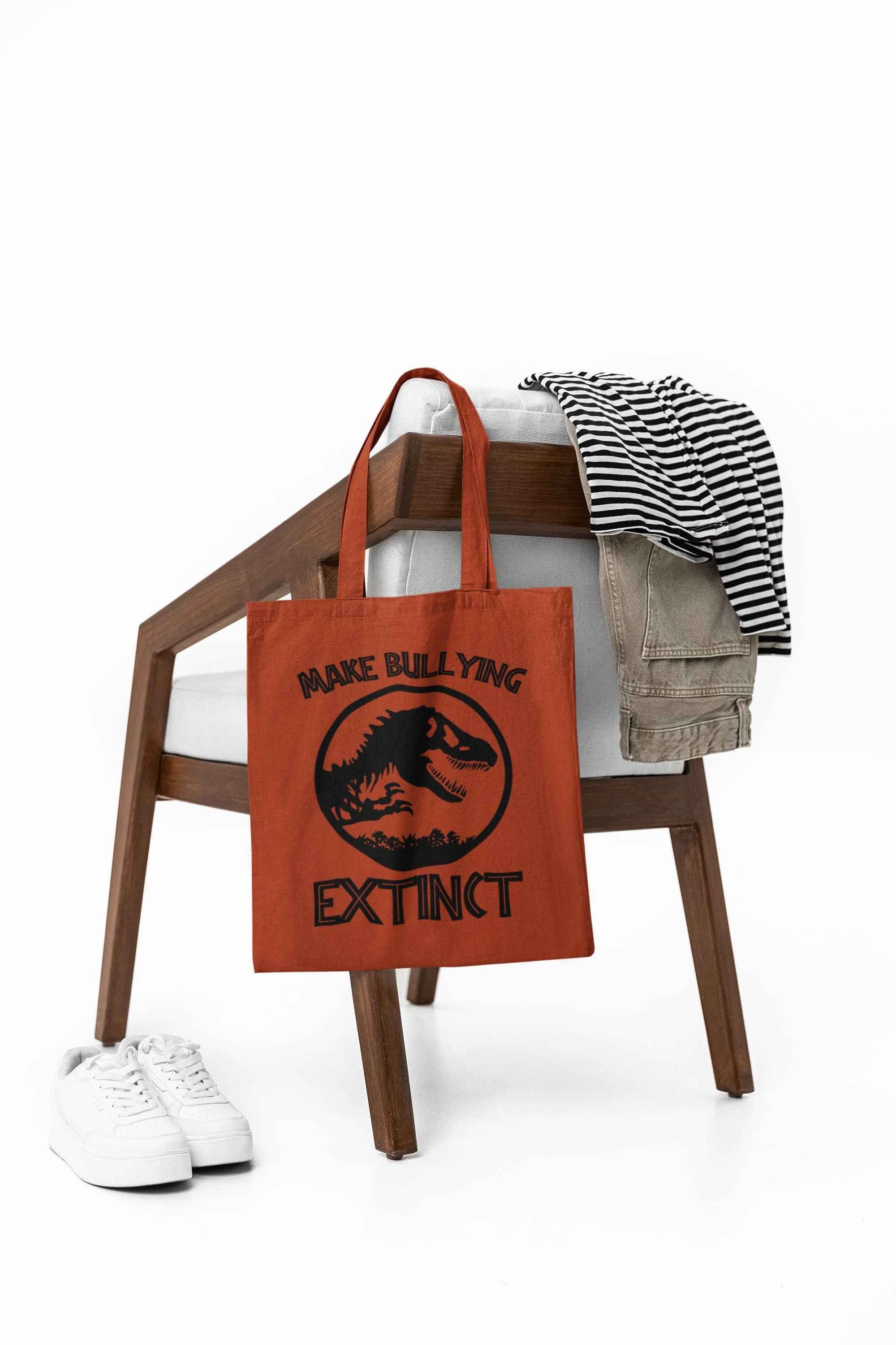Dinosaur Canvas Tote Bag Rust Orange, 15"x16", Reusable Shopping Bag with T-Rex Design, Eco-Friendly Carry-All