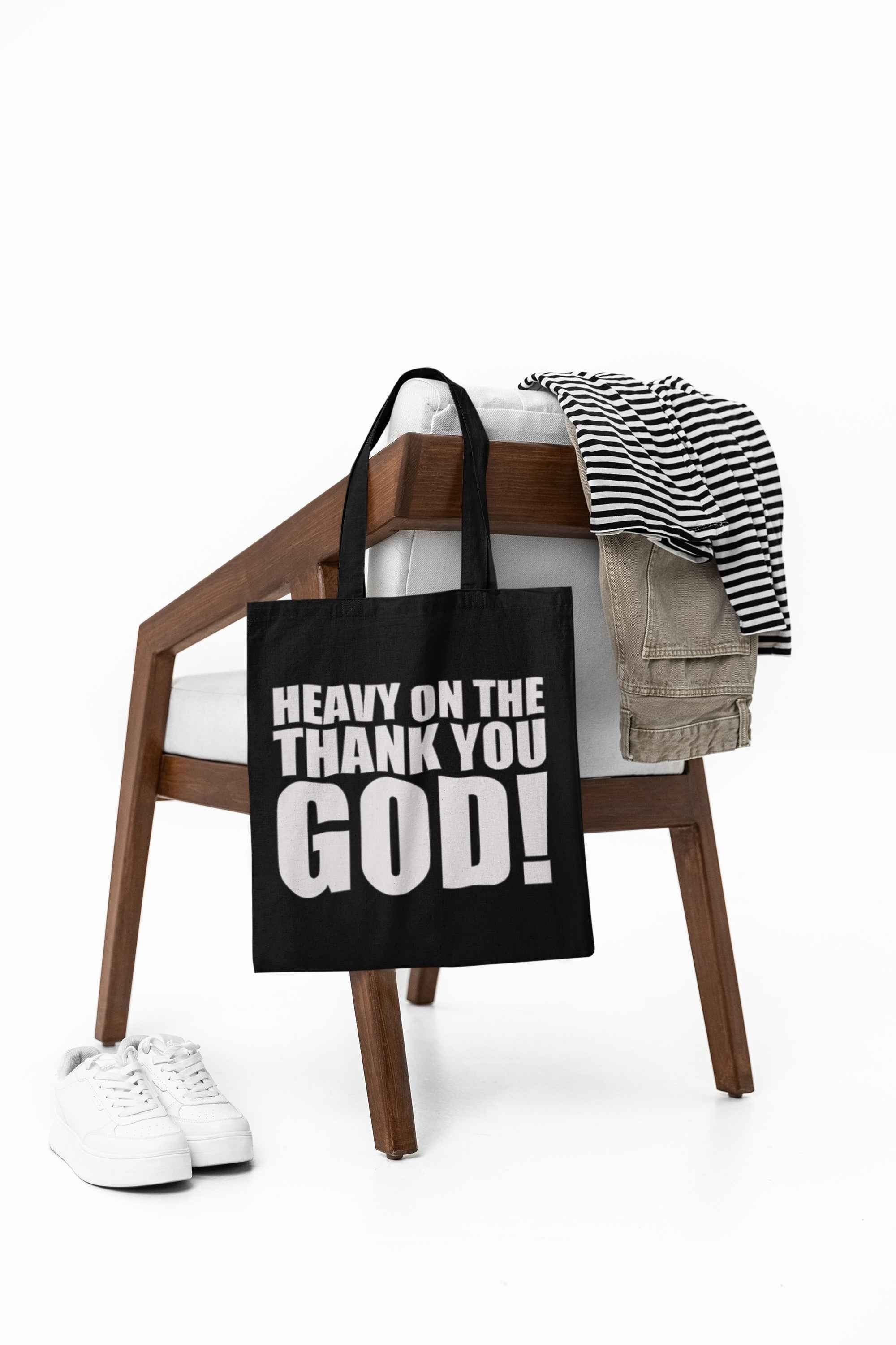 Inspirational Canvas Tote Shopping Bag, Reusable Bag with 'Heavy on the Thank You GOD!' Message