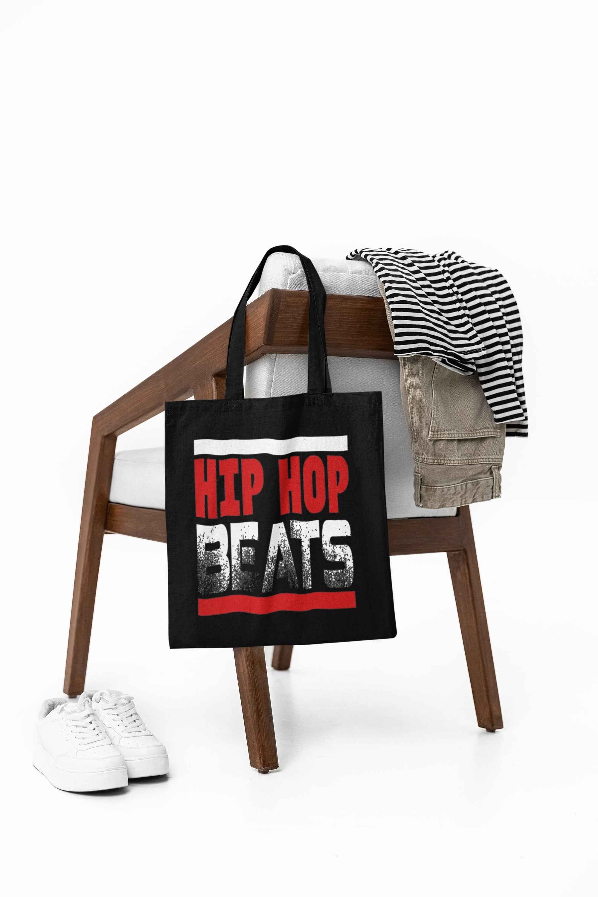 Hip Hop Beats Black Canvas Bag, Graphic Print Design, Stylish Shoulder Carry, Music Theme Shopping Bag